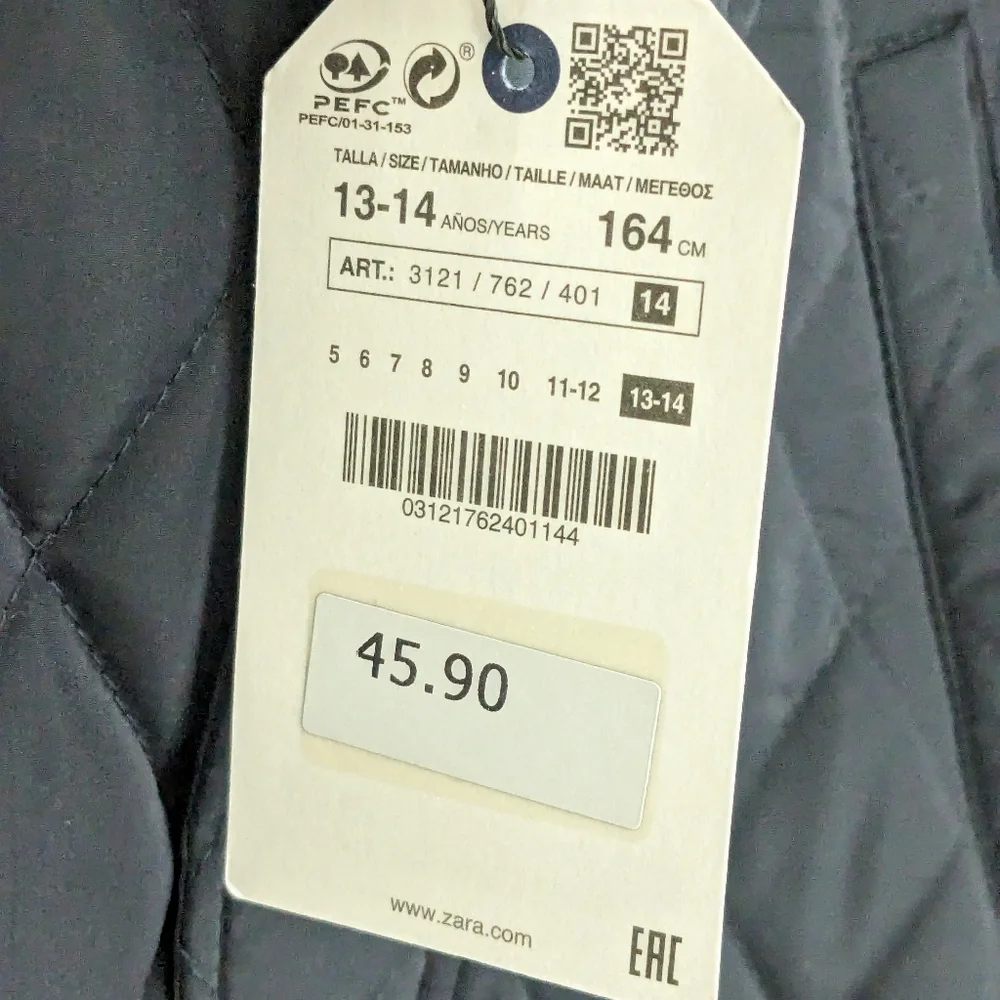 NWT Zara Quilted Fleece Lined Hooded Jacket - size 13/14